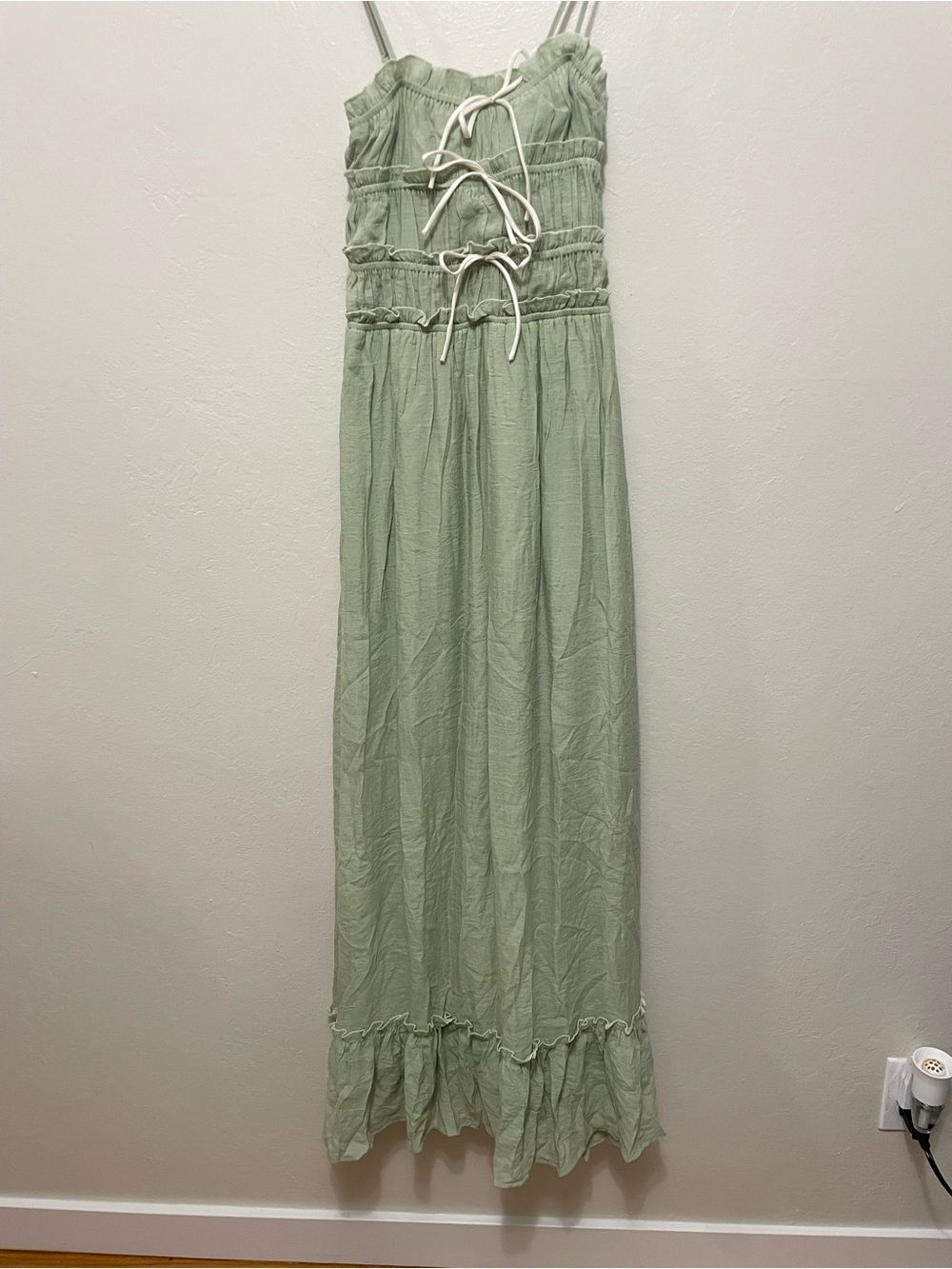 NEW Thirty Thirty Sage Green Smocked Maxi Dress with Ruffle Hem Bows Size XS